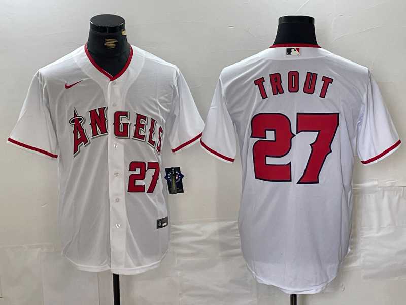 Men%27s Los Angeles Angels #27 Mike Trout White Cool Base Nike Jersey